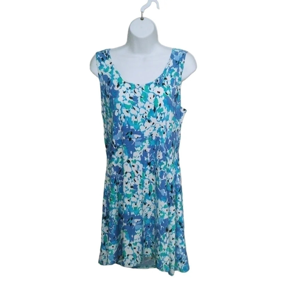 Antoine Floral Stretch Summer Dress Blue Aqua Turquoise White L